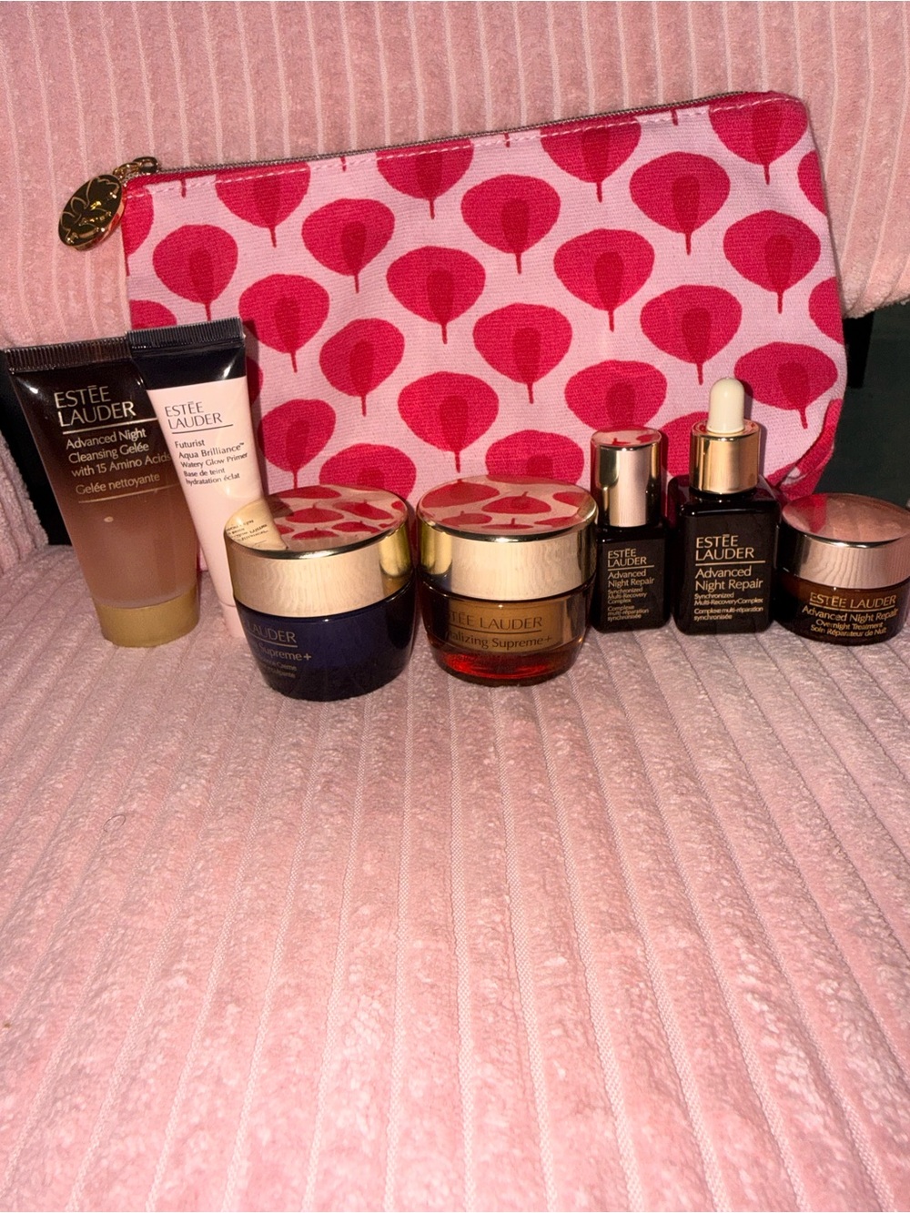 Estee Lauder Pink and Red Patterned Cosmetic Pouch with Skincare Set
